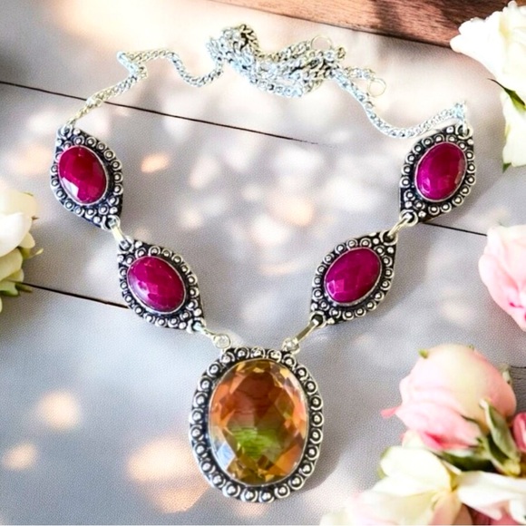 Butterfly Dsigns Jewelry - 🆕 Rainbow Fire Topaz Simulated Ruby Handmade Gem Necklace 9.25 Silver Overlay